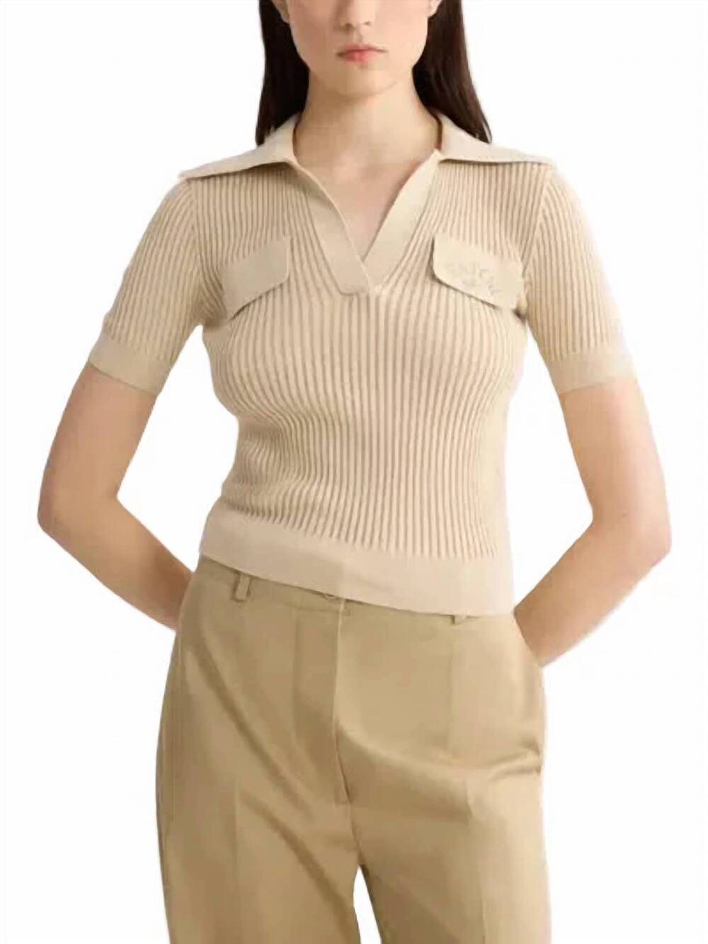 NEW PATOU embroidered short sleeve polo knit top in sand